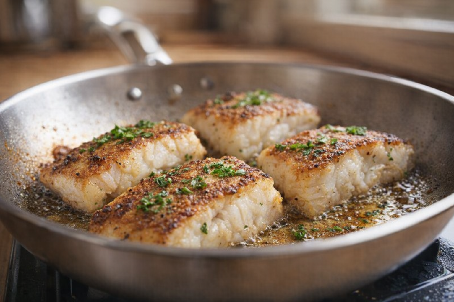 A close-up shot of pan-fried cod fillets in a stainless steel skillet, golden brown crust, parsley garnish, shallow depth of field, warm kitchen lighting